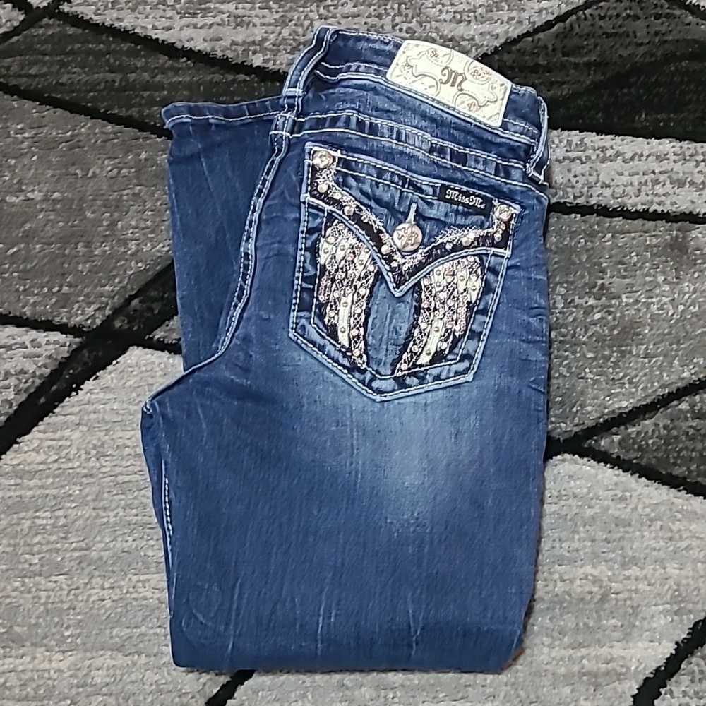 MISS ME EMBROIDERED RHINESTONES WINGS FAUX FLAP POCKETS CROP DENIM JEAN